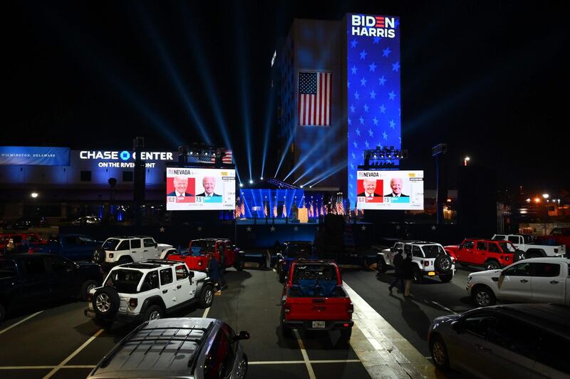 Supporters of Democratic presidential nominee and former Vice President Joe Biden watch election results outside the Chase Center in Wilmington, Delaware. AFP