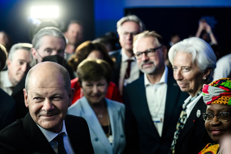 German Chancellor Olaf Scholz, IMF managing director Kristalina Georgieva, European Central Bank president Christine Lagarde and WTO director general Ngozi Okonjo-Iweala join other dignitaries in Davos. EPA