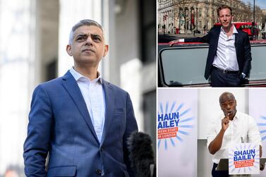 Clockwise from left: Sadiq Kahn, Laurence Fox, and Shaun Bailey. Getty Images