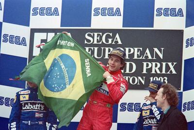 Brazilian racer Ayrton Senna celebrates his victory in the European Grand Prix, at Donington Park in 1993. AFP

