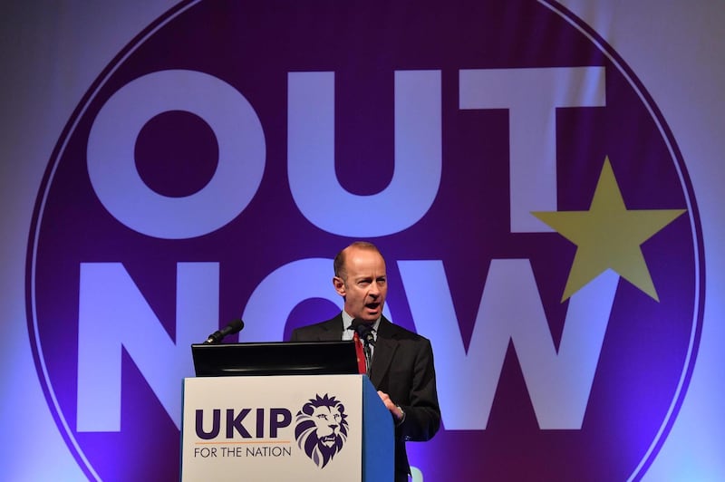 (FILES) This file photo taken on September 29, 2017 shows UK Independence Party's newly elected leader, Henry Bolton greets delegates on the first day of the UK Independence Party (UKIP) National Conference in Torquay, south-west England, on September 29, 2017.
The leader of the UK Independence Party (UKIP) faced calls to resign on January 14, 2018 after his girlfriend reportedly made racist remarks about Prince Harry's fiancee Meghan Markle. Henry Bolton, who was elected in September, said his 25-year-old partner Jo Marney had been suspended from the anti-EU, anti-immigration party after the text messages were published in the Mail on Sunday newspaper. / AFP PHOTO / Ben STANSALL