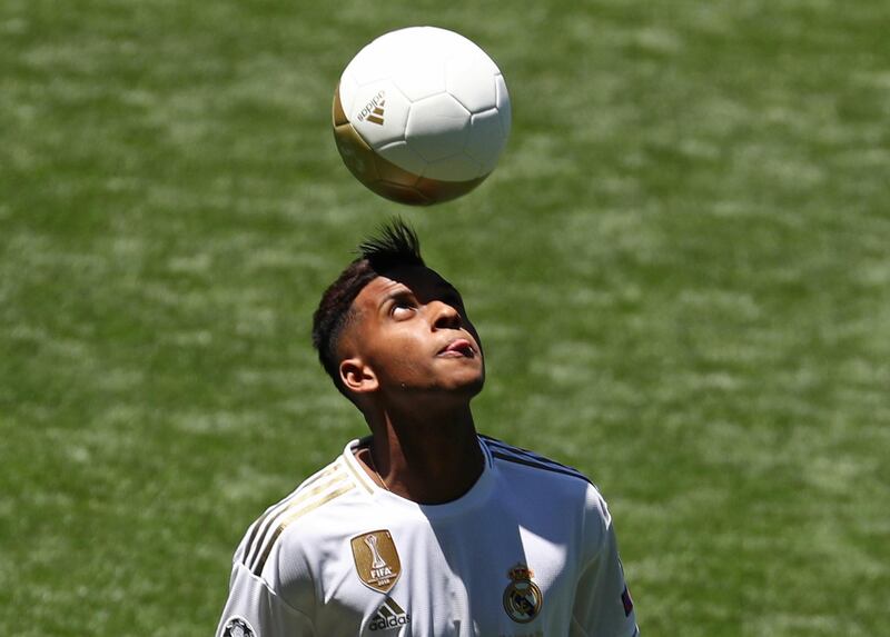 Rodrygo heads a ball on the Bernabeu pitch during his Real Madrid unveiling. Reuters