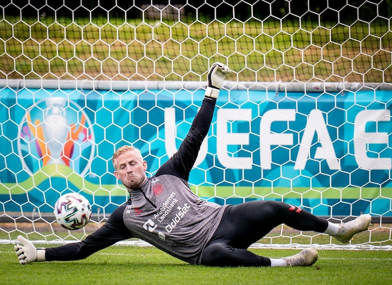 Denmark goalkeeper Kasper Schmeichel in action during training. EPA