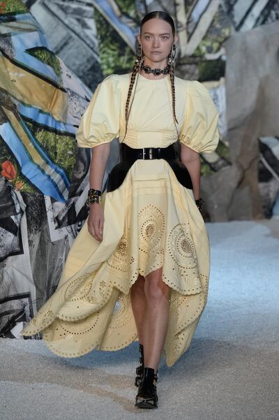 PARIS, FRANCE - OCTOBER 01:  A model walks the runway during the Alexander McQueen Paris show as part of the Paris Fashion Week Womenswear Spring/Summer 2019 on October 1, 2018 in Paris, France.  (Photo by Francois Durand/Getty Images)