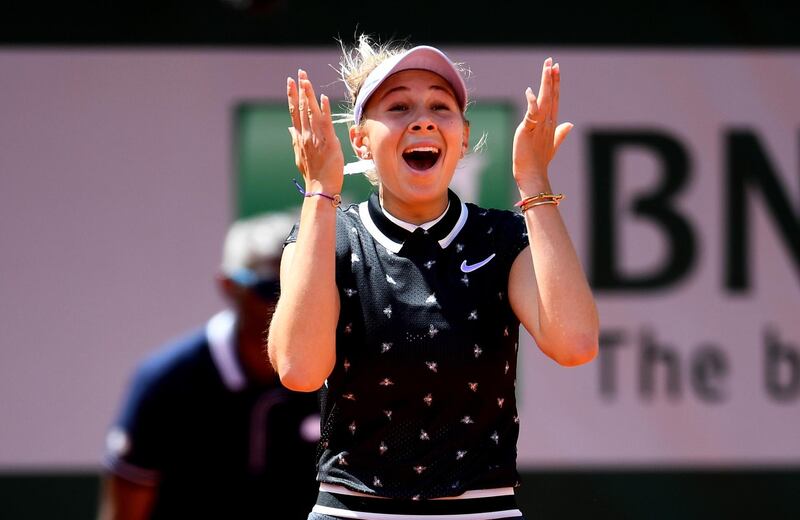 PARIS, FRANCE - JUNE 06: Amanda Anisimova of The United States celebrates victory during her ladies singles quarter-final match against Simona Halep of Romania during Day twelve of the 2019 French Open at Roland Garros on June 06, 2019 in Paris, France. (Photo by Clive Mason/Getty Images)