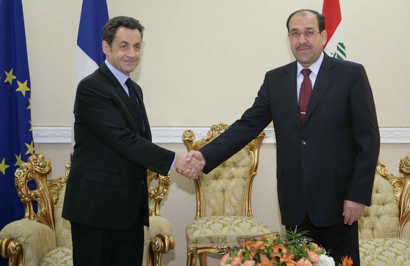 French president Nicolas Sarkozy and prime minister Nouri Al Maliki in Baghdad on February 10, 2009.