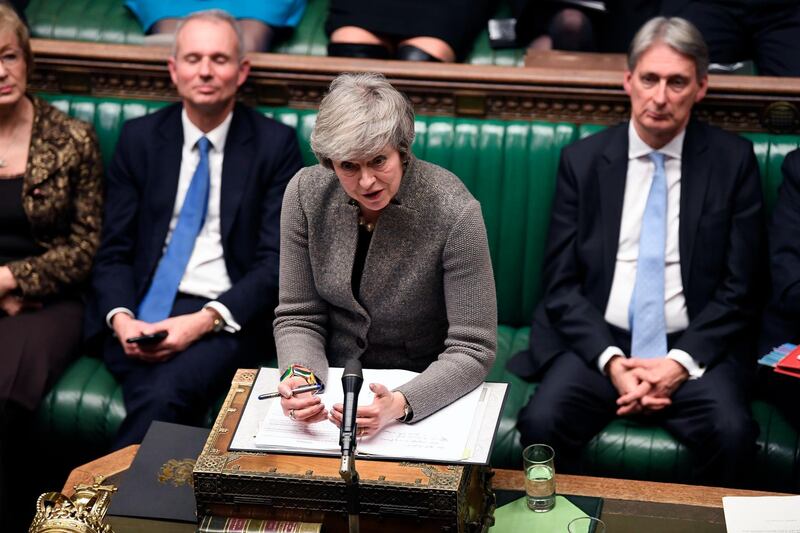 In this photo provided by the UK Parliament, Britain's Prime Minister Theresa May delivers a speech in the House of Commons in London, Monday, Dec. 17, 2018. Prime Minister Theresa May said Monday that the postponed vote in Parliament on Britain's Brexit agreement with the European Union will be held the week of Jan. 14 â€” more than a month after it was originally scheduled and just 10 weeks before Britain leaves the EU. (Jessica Taylor/UK Parliament via AP)