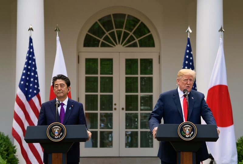 President Donald Trump and Japanese Prime Minister Shinzo Abe speak during a news conference in the Rose Garden of the White House in Washington, Thursday, June 7, 2018. Trump and Abe are meeting in Washington ahead of the G7 Summit in Canada on Friday. (AP Photo/Susan Walsh)