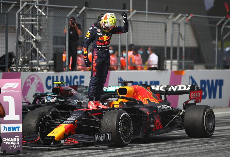 Red Bull's Max Verstappen celebrates winning the Austrian Grand Prix in Spielberg on Sunday, July 4, 2021.