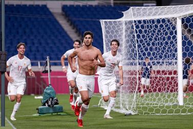 SAITAMA, JAPAN - AUGUST 03: (BILD ZEITUNG OUT) Marco Asensio of Spain celebrates after scoring his teams first goal during the Men's Football Semi-final Match between Japan and Spain at Saitama Stadium on August 3, 2021 in Saitama, Japan. (Photo by Berengui / DeFodi Images via Getty Images)