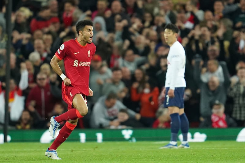 Luis Diaz, left, celebrates after scoring Liverpool's opening goal againstTottenham. AP