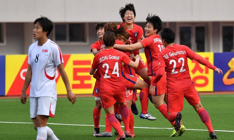 South Korea's Jang Sel-gi celebrates her goal during a match between North and South Korea in Pyongyang. Yonhap via REUTERS 