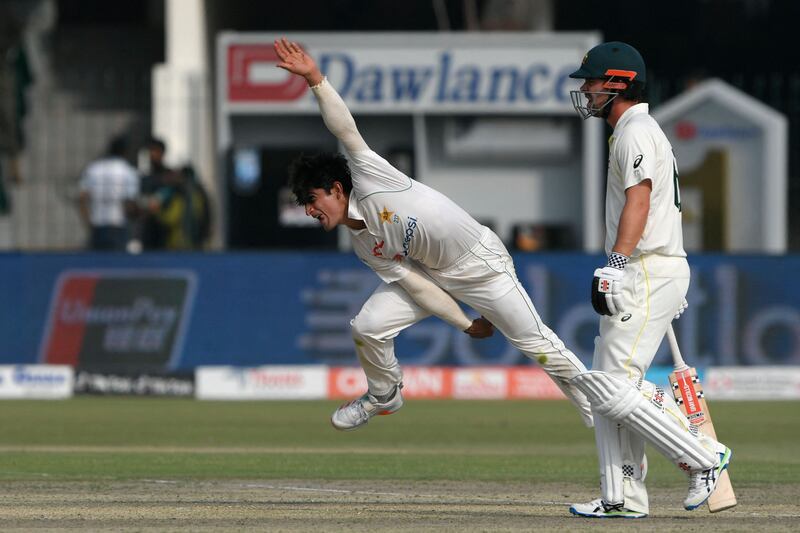 Pakistan's Naseem Shah took two wickets on the first day of the third Test against Australia at the Gaddafi Stadium in Lahore on Monday, March 21, 2022. AFP