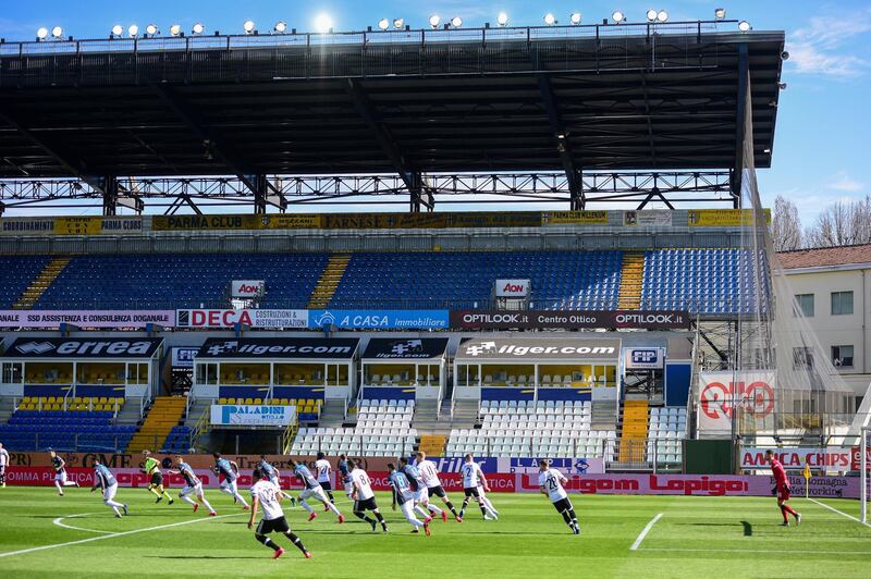 Parma and SPAL play their Serie A soccer match in the empty Stadio Ennio Tardini, in Parma, Italy, on Sunday, March 8. AP