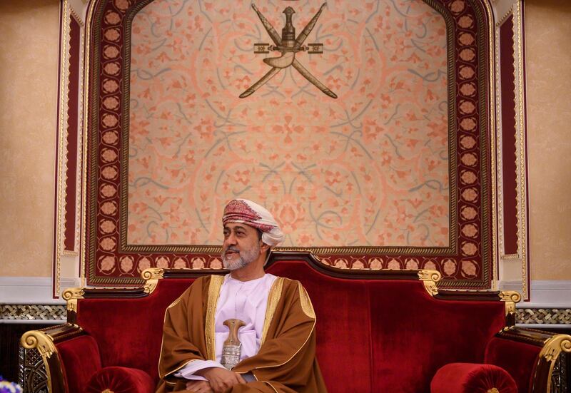 Oman's Sultan Haitham bin Tariq meets with US Secretary of State at al-Alam palace in the capital Muscat on February 21, 2020. (Photo by ANDREW CABALLERO-REYNOLDS / AFP)