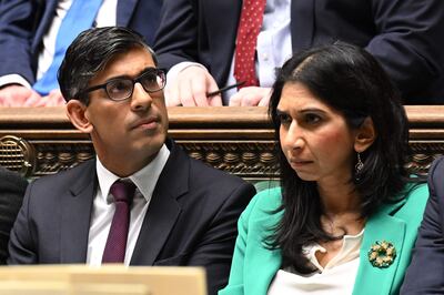 UK Prime Minister Rishi Sunak and then-home secretary Suella Braverman in Parliament last May. AFP