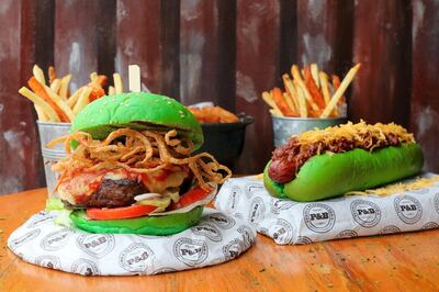 The festive St Patrick's Day burger and the Dublin Dog at Perry and Blackwelder. Courtesy Perry and Blackwelder 