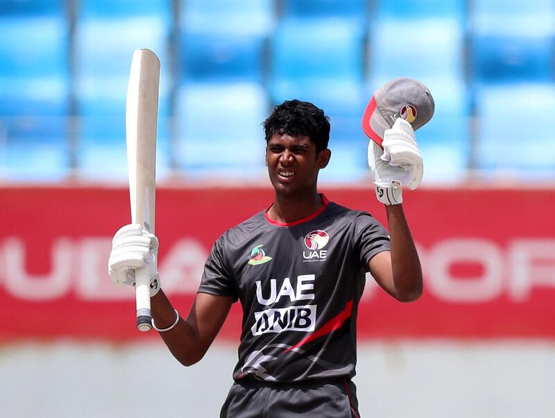 Dubai, United Arab Emirates - April 29, 2019: UAE's Ashwanth Valthapa makes 100 in the game between UAE U19's and Iran U19's in the Unser 19 Asian Cup qualifiers. Monday the 29th of April 2019. Dubai International Stadium, Dubai. Chris Whiteoak / The National