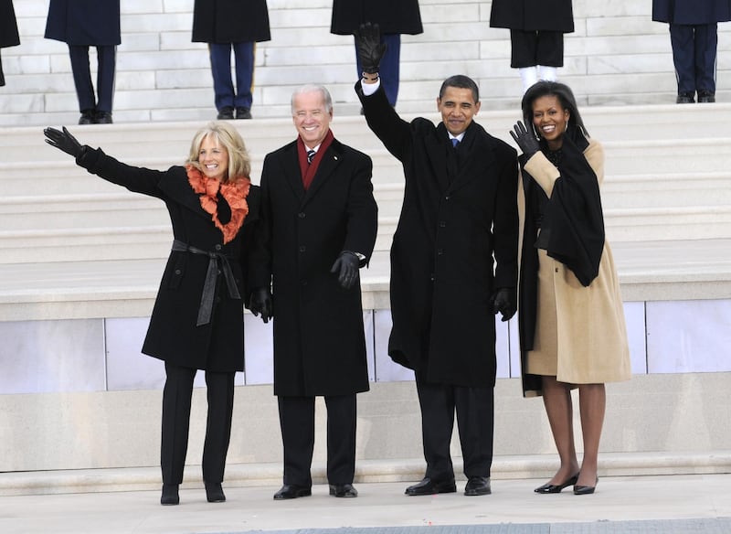 Jill Biden, Vice President-elect Joe Biden, President-elect Barack Obama and Michelle Obama wave to the crowd at "We Are One: The Obama Inaugural Celebration At The Lincoln Memorial" presented exclusively by HBO on Sunday January 18th 2009. (Photo by Kevin