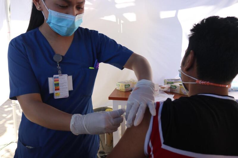 A vaccine is administered at Bareen International Hospital in Mohamed Bin Zayed City, Abu Dhabi. Courtesy: Bareen hospital