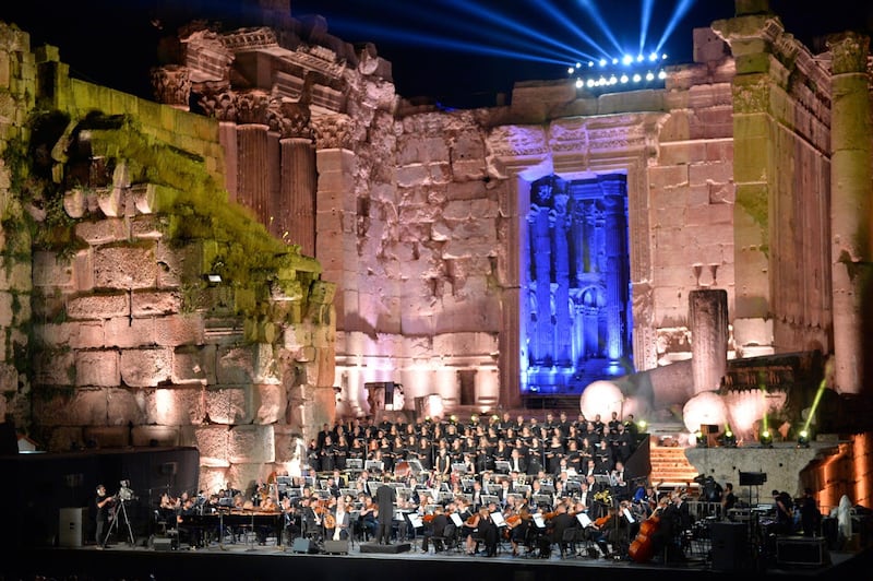 Lebanese Oud musician and singer Marcel Khalife (C) performs at the opening night of the annual Baalbeck International Festival (BIF) in Baalbeck, Beqaa Valley, Lebanon, 05 July 2019. The festival runs from 05 July to 03 August 2019. Photo: EPA