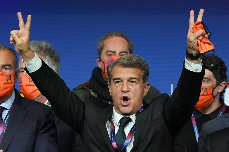 Spanish lawyer Joan Laporta celebrates after being elected as Barcelona president for a second time. AFP