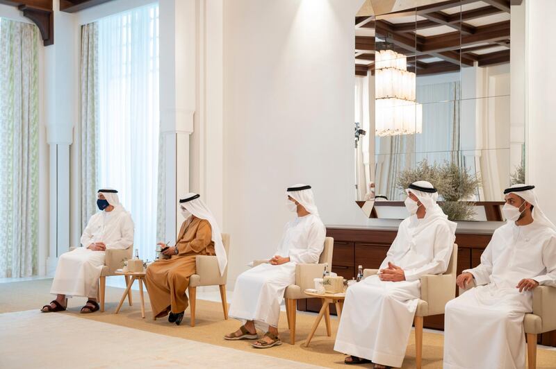 ABU DHABI, UNITED ARAB EMIRATES - March 09, 2021: (L-R) HH Sheikh Abdullah bin Zayed Al Nahyan, UAE Minister of Foreign Affairs and International Cooperation, HE Dr Anwar bin Mohamed Gargash, Diplomatic Advisor to the UAE President, HH Sheikh Hamdan bin Mohamed bin Zayed Al Nahyan, HE Mohamed Mubarak Al Mazrouei, Undersecretary of the Crown Prince Court of Abu Dhabi and HH Sheikh Mohamed bin Hamad bin Tahnoon Al Nahyan, attend a meeting with HE Sergei Lavrov Viktorovich, Minister of Foreign Affairs of the Russian Federation (not shown), at Al Shati Palace.

( Mohamed Al Hammadi / Ministry of Presidential Affairs )
---