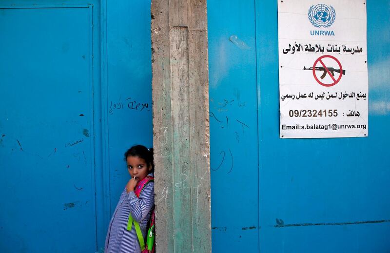 A pupil stands at the entrance of a school run by United Nations agency for Palestinian refugees in Balata refugee camp, east of Nablus in the occupied West Bank on the first day of school. AFP