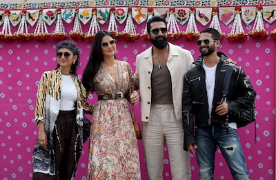 From left, filmmaker Kiran Rao and actors Vicky Kaushal, Katrina Kaif and Shahid Kapoor attend the pre-wedding celebrations. Reuters 