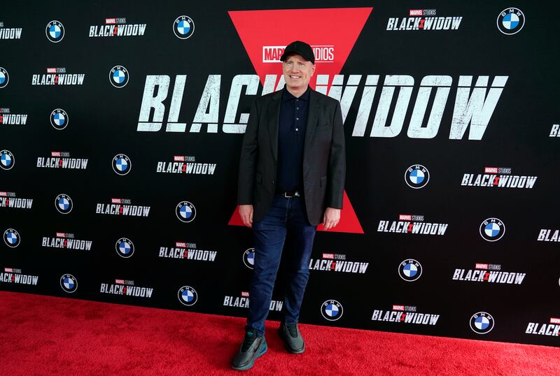 Kevin Feige, chief creative officer and president of Marvel Studios, poses before a fan screening of the new Marvel film 'Black Widow' at the El Capitan Theatre, Tuesday, June 29, 2021, in Los Angeles. AP