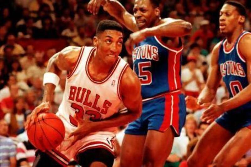 Scottie Pippen, left, was able to handle the Detroit Pistons' defence but not his finances, even though he made more than US$180 million over his career.