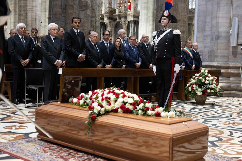 Italian President Sergio Mattarella, Qatari Emir Sheikh Tamim bin Hamad Al-Thani and Iraq's President Abdul Latif Rashid at Silvio Berlusconi's state funeral. AFP