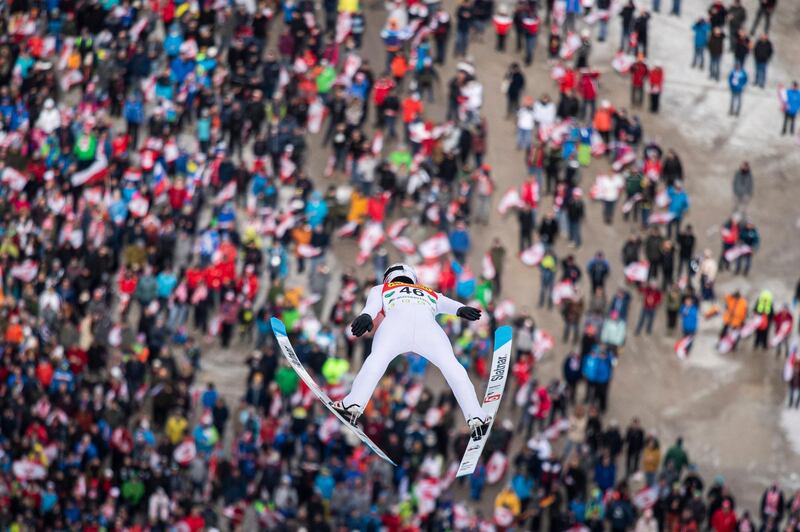 Robert Johansson of Norway in action during the first round for the Kulm Ski Flying World Cup competition in Bad Mitterndorf, Austria.  EPA