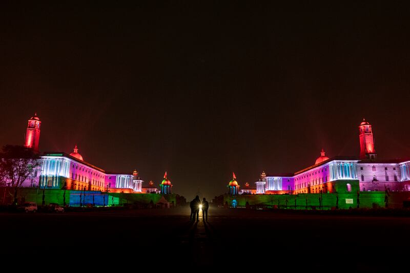 Security personnel stand in the middle of the Rajpath on January 25, the eve of India's 73rd Republic Day. AP
