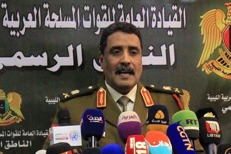 Ahmad al-Mesmari, spokesman for Haftar's forces, addresses the media in the eastern Libyan city of Benghazi on January 6, 2020. Forces of Libyan strongman Khalifa Haftar announced they had taken control of the coastal city of Sirte from factions loyal to the Tripoli government. Sirte, some 450 kilometres (280 miles) east of the capital Tripoli, had been held by forces allied with the UN-recognised Government of National Accord (GNA) since 2016.
 / AFP / Abdullah DOMA
