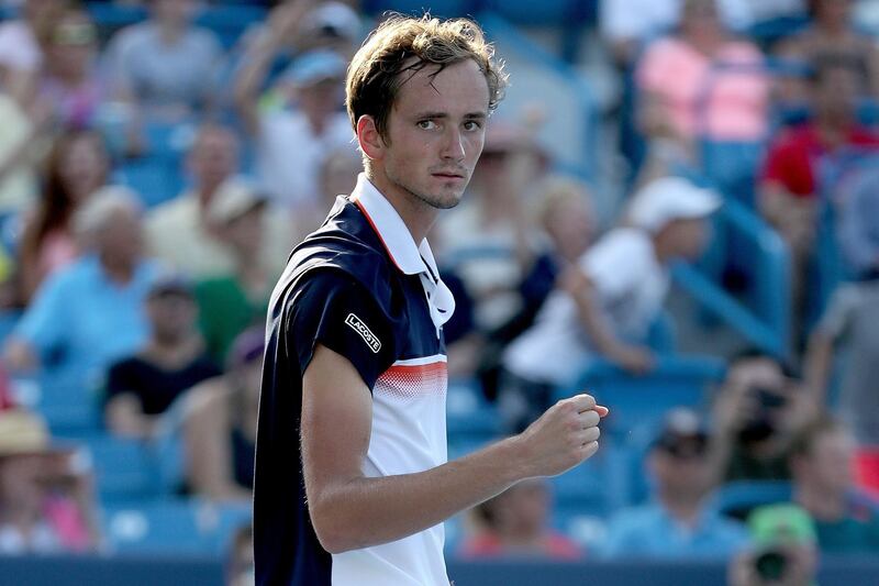 MASON, OHIO - AUGUST 18: Daniil Medvedev of Russia celebrates match point against David Goffin of Belgium during the men's final of the Western & Southern Open at Lindner Family Tennis Center on August 18, 2019 in Mason, Ohio.   Matthew Stockman/Getty Images/AFP
== FOR NEWSPAPERS, INTERNET, TELCOS & TELEVISION USE ONLY ==
