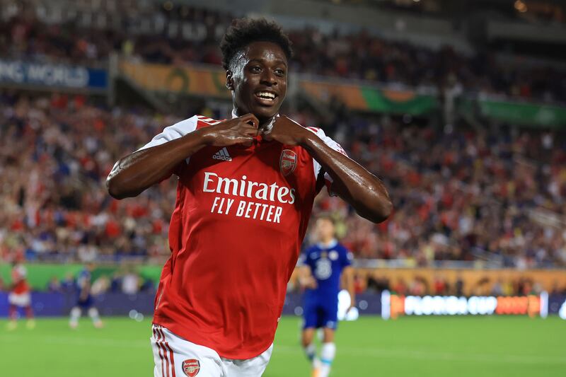 Albert Sambi Lokonga celebrates after scoring Arsenal's fourth goal against Chelsea. Getty