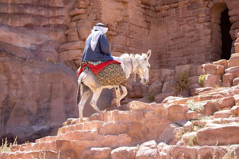 A Bedouin man rides a donkey at the reopened Petra archeological site, in Petra. EPA