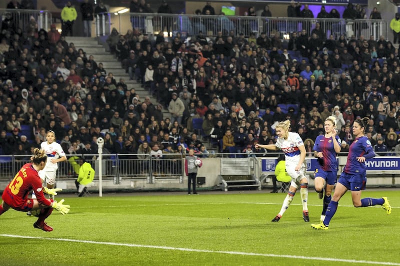 LYON, FRANCE - MARCH 22: (L-R) Sandra Panos Garcia Villamil of FC Barcelona Women, Ada Hegerberg of Olympique Lyon Women, Maria Pilar Leon of FC Barcelona Women, Marta Torrejon Moya of FC Barcelona Women during the    match between Olympique Lyon Women v FC Barcelona Women at the Parc Olympique Lyonnais on March 22, 2018 in Lyon France (Photo by Erwin Spek/Soccrates/Getty Images)