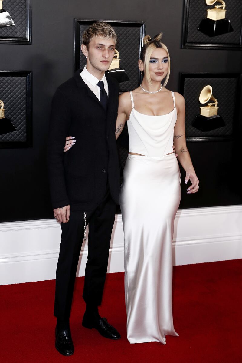 Dua Lipa, in Alexander Wang, and Anwar Hadid arrive for the 62nd annual Grammy Awards at the Staples Centre in Los Angeles, California, on January 26, 2020. EPA