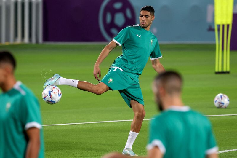 Morocco's Achraf Hakimi during a training session in Doha ahead of the Qatar World Cup. AFP