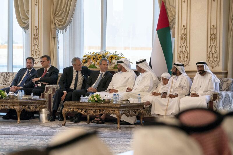 ABU DHABI, UNITED ARAB EMIRATES - October 08, 2018: HH Sheikh Mohamed bin Zayed Al Nahyan Crown Prince of Abu Dhabi Deputy Supreme Commander of the UAE Armed Forces (5th R), receives HE Hartwig Loger, Minister of Finance of Austria (6th L), during a Sea Palace barza. Seen with HH Sheikh Nahyan Bin Zayed Al Nahyan, Chairman of the Board of Trustees of Zayed bin Sultan Al Nahyan Charitable and Humanitarian Foundation (R), HH Sheikh Tahnoon bin Mohamed Al Nahyan, Ruler's Representative in Al Ain Region (2nd R),HH Sheikh Tahnoon bin Mohamed bin Tahnoon Al Nahyan (3rd R) and HE Dr Sultan Ahmed Al Jaber, UAE Minister of State, Chairman of Masdar and CEO of ADNOC Group (4th R).


( Hamad Al Kaabi / Crown Prince Court - Abu Dhabi )
---