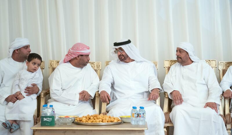 DAFTA, RAS AL KHAIMAH, UNITED ARAB EMIRATES - September 14, 2017 : HH Sheikh Mohamed bin Zayed Al Nahyan, Crown Prince of Abu Dhabi and Deputy Supreme Commander of the UAE Armed Forces (2nd R), offers condolences to the family of martyr Sultan Al Naqbi, who passed away while serving with the UAE Armed Forces in Yemen.

( Hamad Al Kaabi / Crown Prince Court - Abu Dhabi )