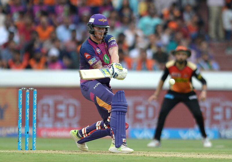 Rising Pune Supergiants Ben Stokes plays a shot during the 2017 Indian Premier League (IPL) Twenty20 cricket match between Sunrisers Hyderabad and Rising Pune Supergiants at Rajiv Gandhi International Cricket Stadium in Hyderabad on May 6, 2017. ------IMAGE RESTRICTED TO EDITORIAL USE - STRICTLY NO COMMERCIAL USE----- / GETTYOUT------ (Photo by NOAH SEELAM / AFP) / ----IMAGE RESTRICTED TO EDITORIAL USE - STRICTLY NO COMMERCIAL USE----- / GETTYOUT