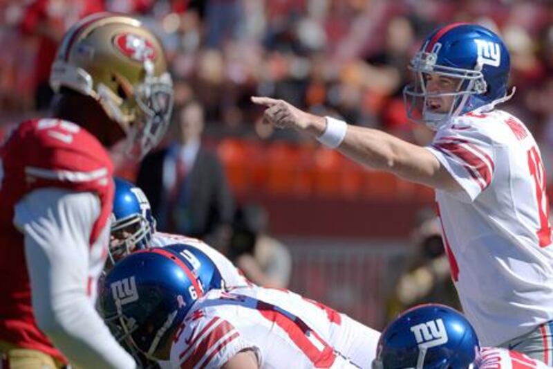 New York Giants quarterback Eli Manning calls a play against the San Francisco 49ers