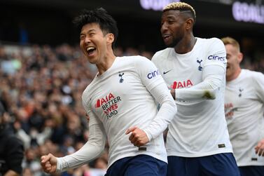 LONDON, ENGLAND - MAY 01: Son Heung-Min of Tottenham Hotspur celebrates after scoring the third goal during the Premier League match between Tottenham Hotspur and Leicester City at Tottenham Hotspur Stadium on May 01, 2022 in London, England. (Photo by Mike Hewitt / Getty Images)