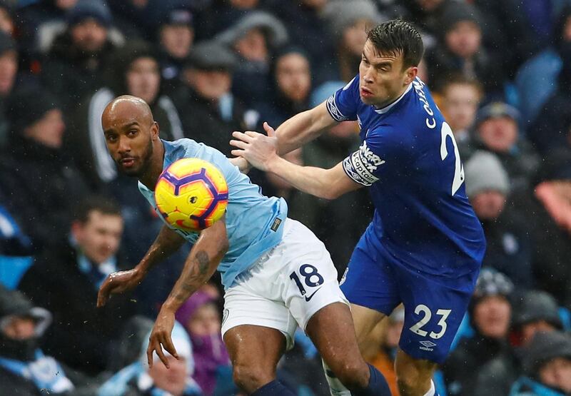 Soccer Football - Premier League - Manchester City v Everton - Etihad Stadium, Manchester, Britain - December 15, 2018  Everton's Seamus Coleman in action with Manchester City's Fabian Delph   Action Images via Reuters/Jason Cairnduff  EDITORIAL USE ONLY. No use with unauthorized audio, video, data, fixture lists, club/league logos or "live" services. Online in-match use limited to 75 images, no video emulation. No use in betting, games or single club/league/player publications.  Please contact your account representative for further details.