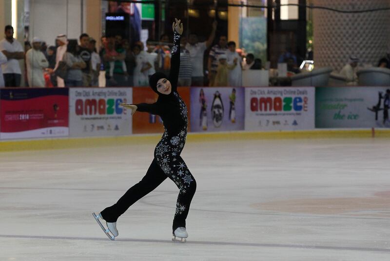 Dubai, United Arab Emirates - May 5, 2014.  Zahra Lari, is the first international competitive Emirati figure skater, competing at the Dubai Golden Cup, International Figure Skating Competition, held at the Dubai Mall Ice Rink.  ( Jeffrey E Biteng / The National )  Editor's Note;  For Business.  Jessica H reports.