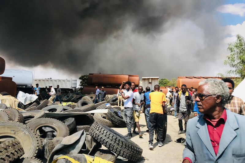 People react following an air strike in Mekelle, the capital of the Tigray region in northern Ethiopia. AP