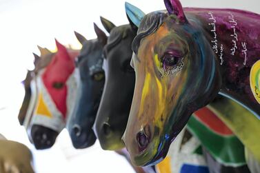 Dubai, United Arab Emirates - Reporter: N/A: Photo Project. Brightly painted statues of horses outside the trainers and jockeys room at Jebel Ali Racecourse. Friday, March 20th, 2020. Jebel Ali Racecourse, Dubai. Chris Whiteoak / The National